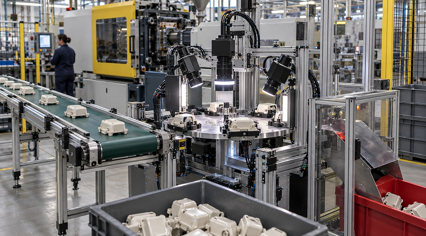 Freshly moulded components moving from robot take-out into a multi-camera inspection fixture beside the moulding machine.