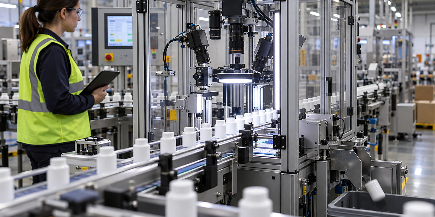 Freshly moulded components moving from robot take-out into a multi-camera inspection fixture beside the moulding machine.